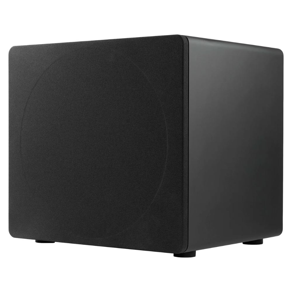 Front angle view of black Ascendo The16 Sub Active Sealed Subwoofer with grille on