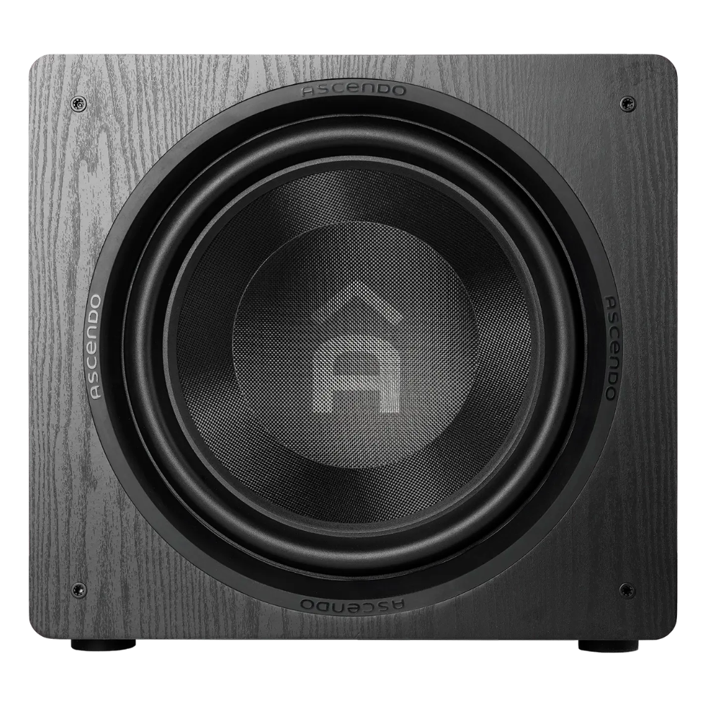 Front view of Ascendo The16 Sub Active Sealed Subwoofer in black ash finish