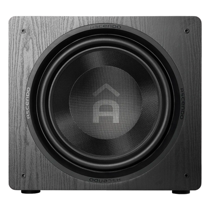 Front view of Ascendo The16 Sub Active Sealed Subwoofer in black ash finish