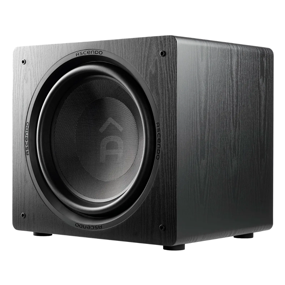 Front angle view of Ascendo The16 Sub Active Sealed Subwoofer in black ash finish