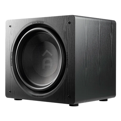Front angle view of Ascendo The16 Sub Active Sealed Subwoofer in black ash finish
