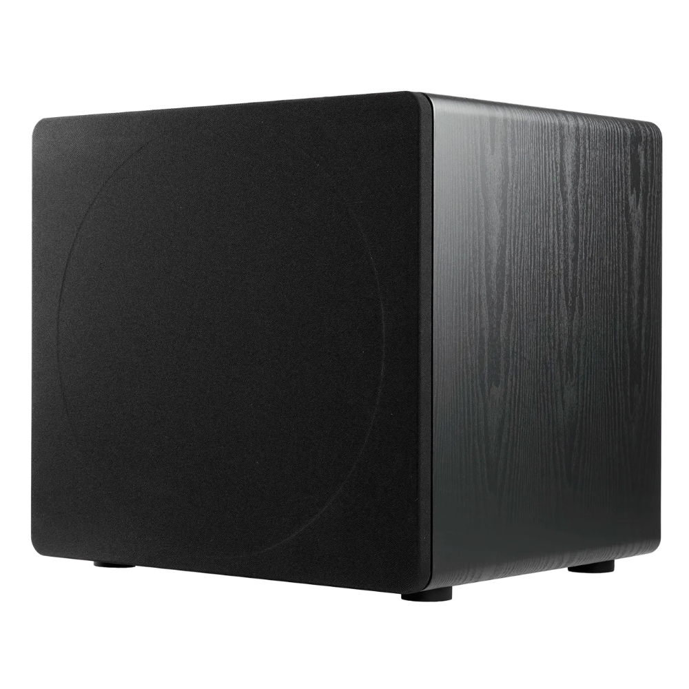 Front angle of the Ascendo The16 Sub Active Sealed Subwoofer in black ash finish
