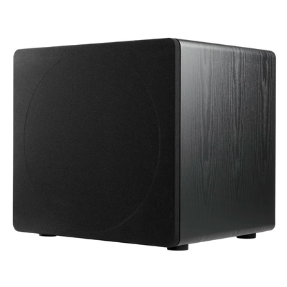 Front angle of the Ascendo The16 Sub Active Sealed Subwoofer in black ash finish