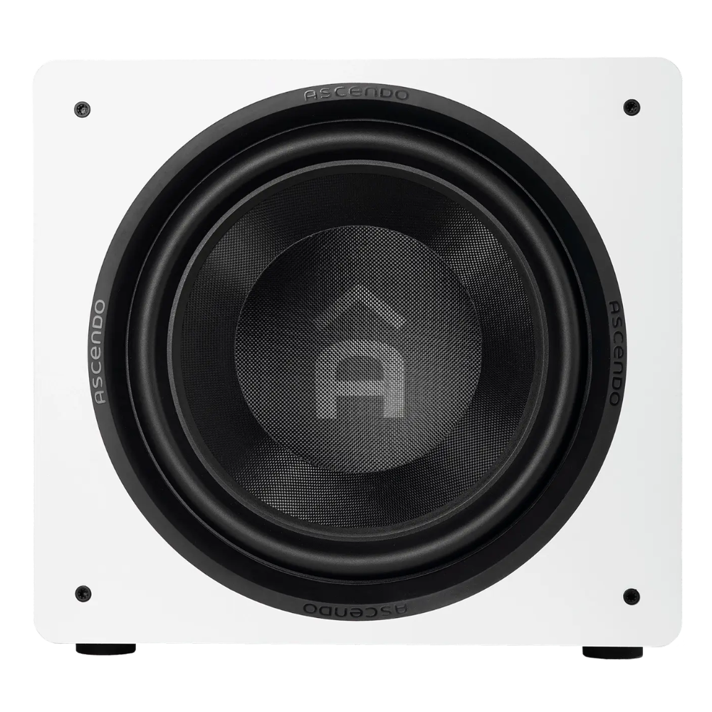 Front view of Ascendo The16 Sub Active Sealed Subwoofer in white finish
