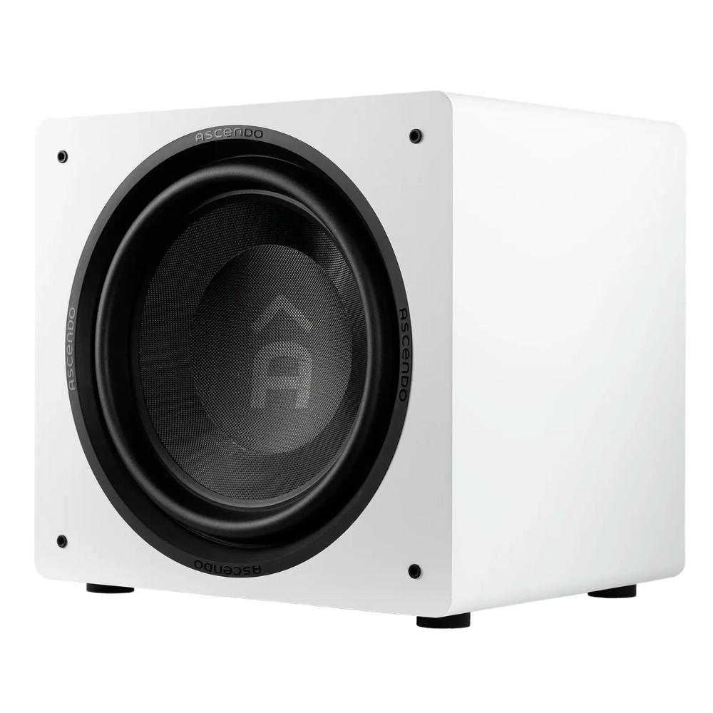 Angle view of white Ascendo The16 Sub Active Sealed Subwoofer