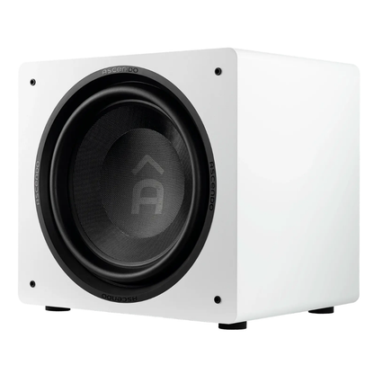 Angle view of white Ascendo The16 Sub Active Sealed Subwoofer