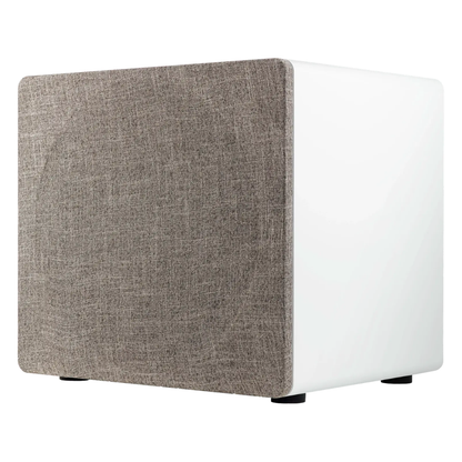 Front angle view of Ascendo The16 Sub Active Sealed Subwoofer in white finish