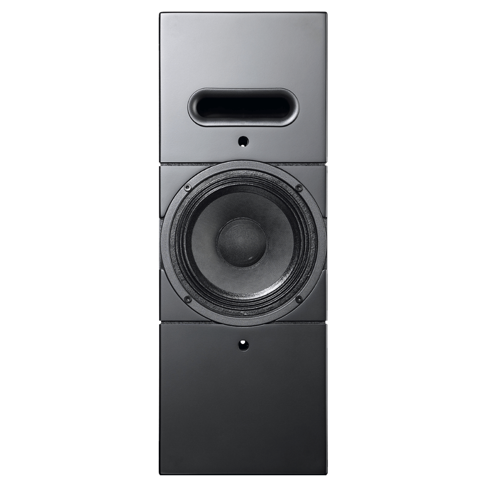 Front view of black Ascendo THE6 Passive Narrow Speaker on a white background
