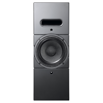 Front view of black Ascendo THE6 Passive Narrow Speaker on a white background