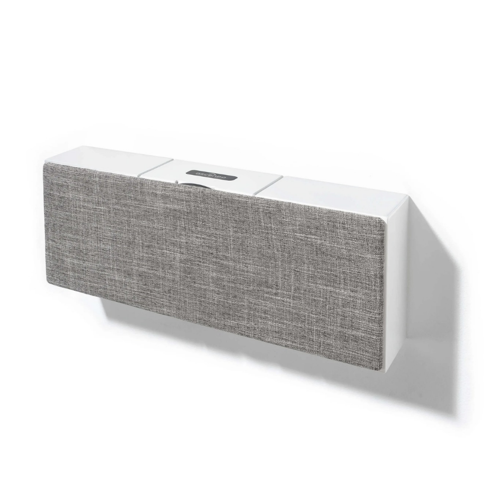 Front view of white Ascendo THE6 Passive Narrow Speaker with a grey grille on