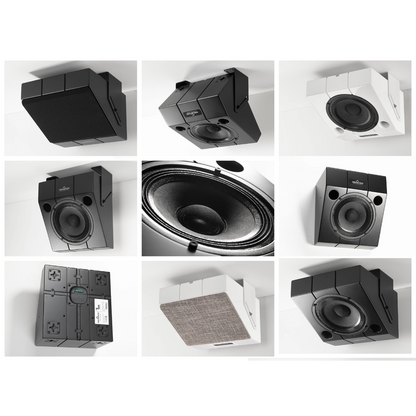 A 3x3 collage showing multiple views of a wall-mounted square speaker system, including front, side, back, and close-up details in black and white.
