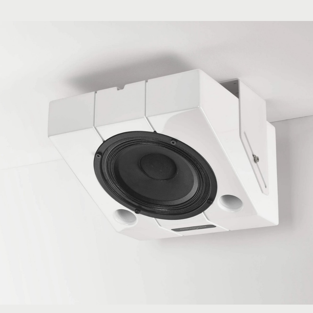 White Ascendo THE6 Passive Wedge Speaker mounted on celing