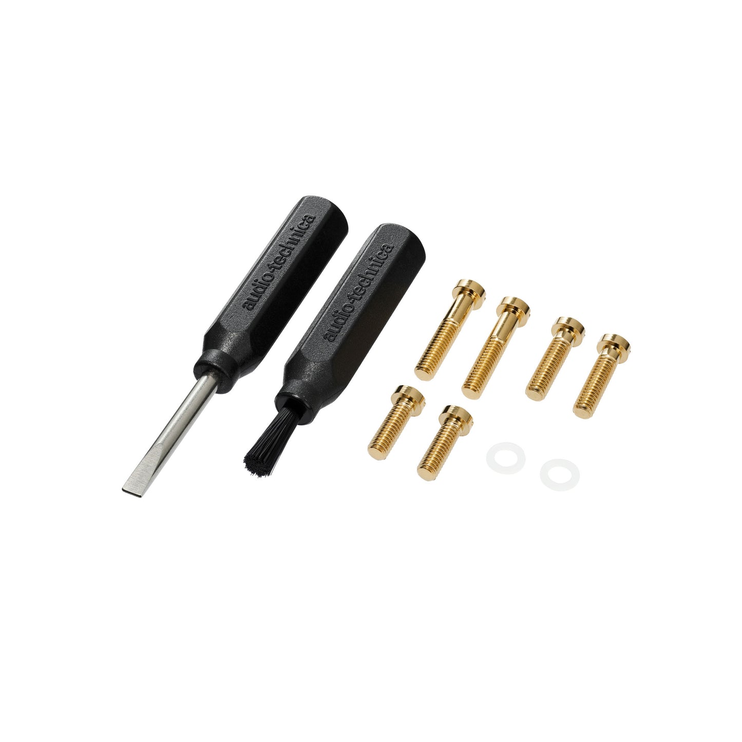 Two black tools with gold screws on a white background