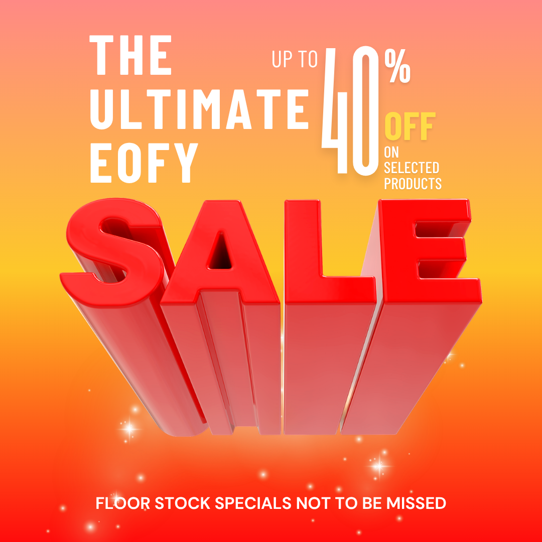 Promotional poster for 'The Ultimate EOFY Sale' with red text on a gradient background.
