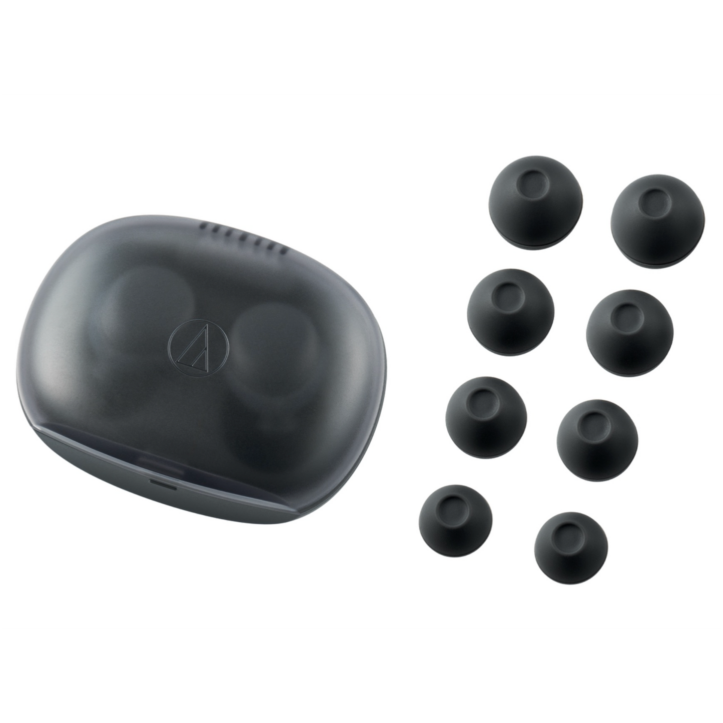 Black earbud case with multiple eartips on a white background
