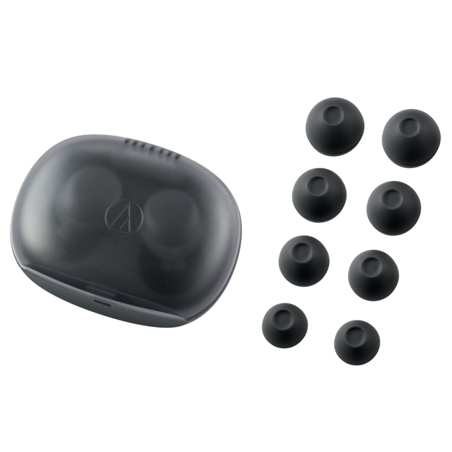 Black earbud case with multiple eartips on a white background