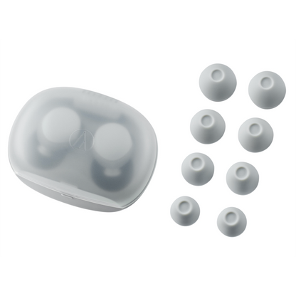Grey earbud case with multiple eartips on a white background