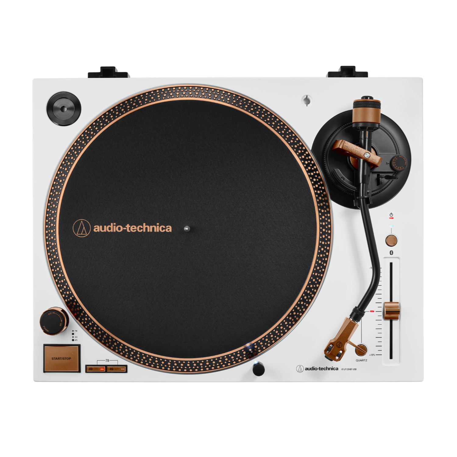 Top view of Audio Technica AT-LP120XBT-USB Turntable in Limited Edition White Bronze