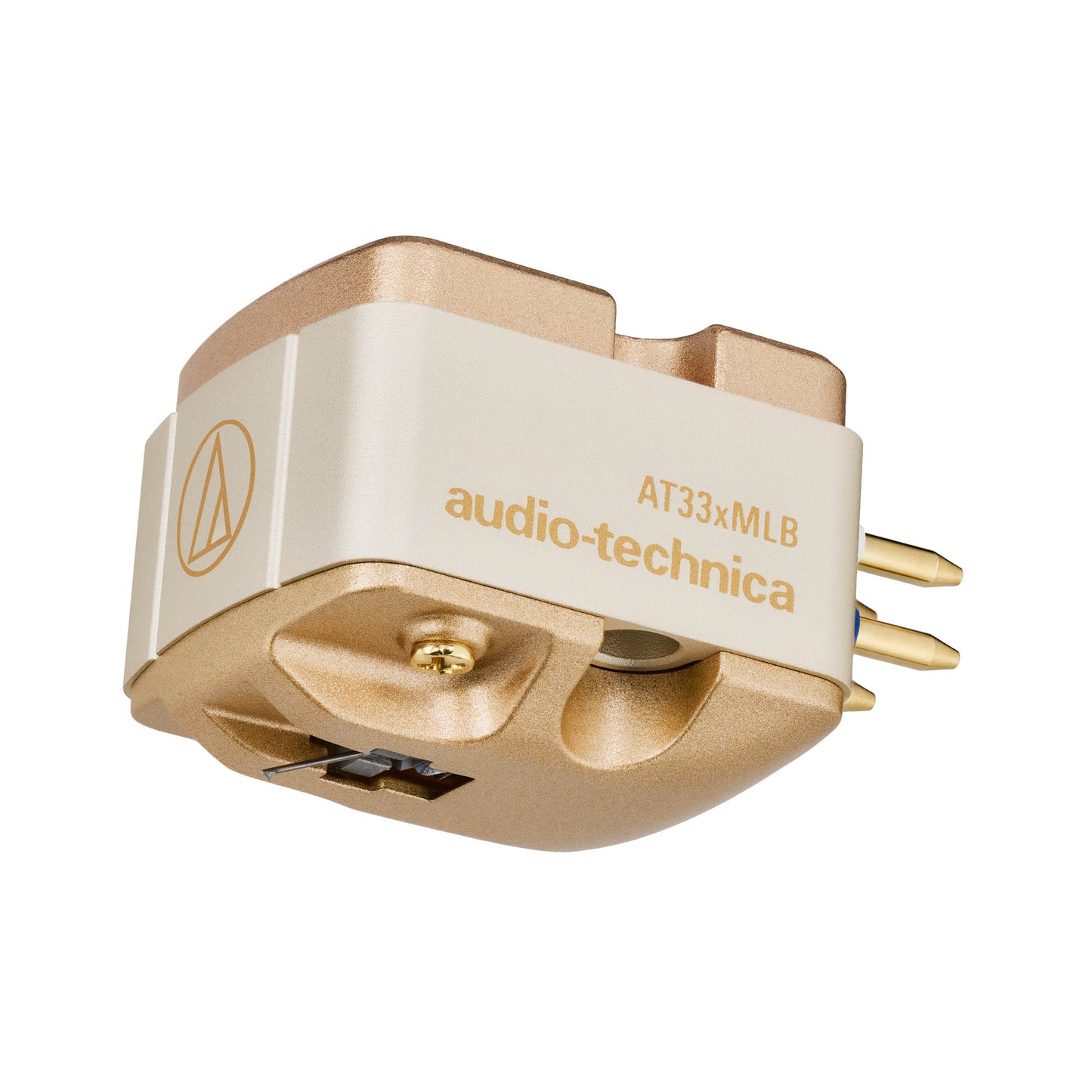 Bottom view of Audio Technica AT33xMLB Moving Coil Cartridge on white background