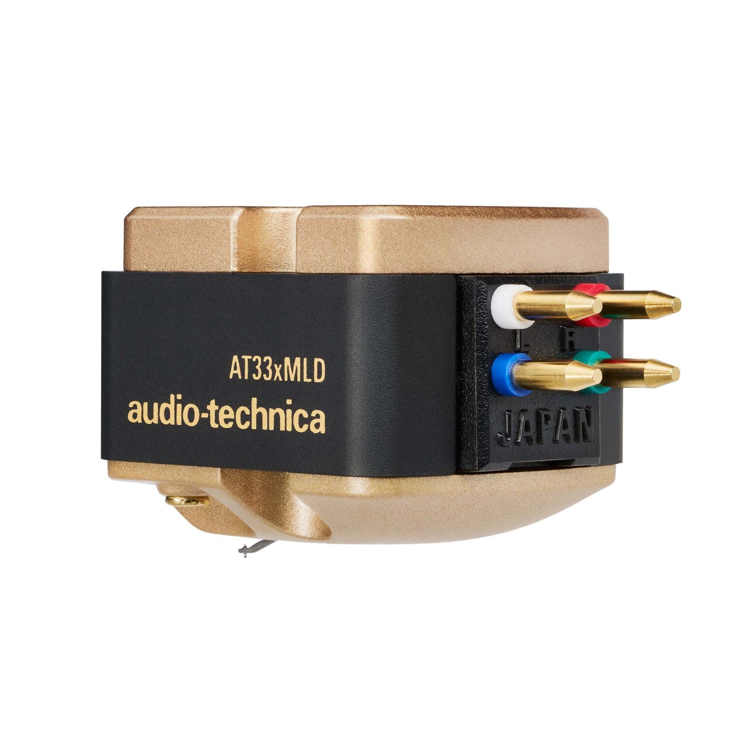 Rear view of Audio Technica AT33xMLD Dual Moving Coil Stereo Cartridge on white background