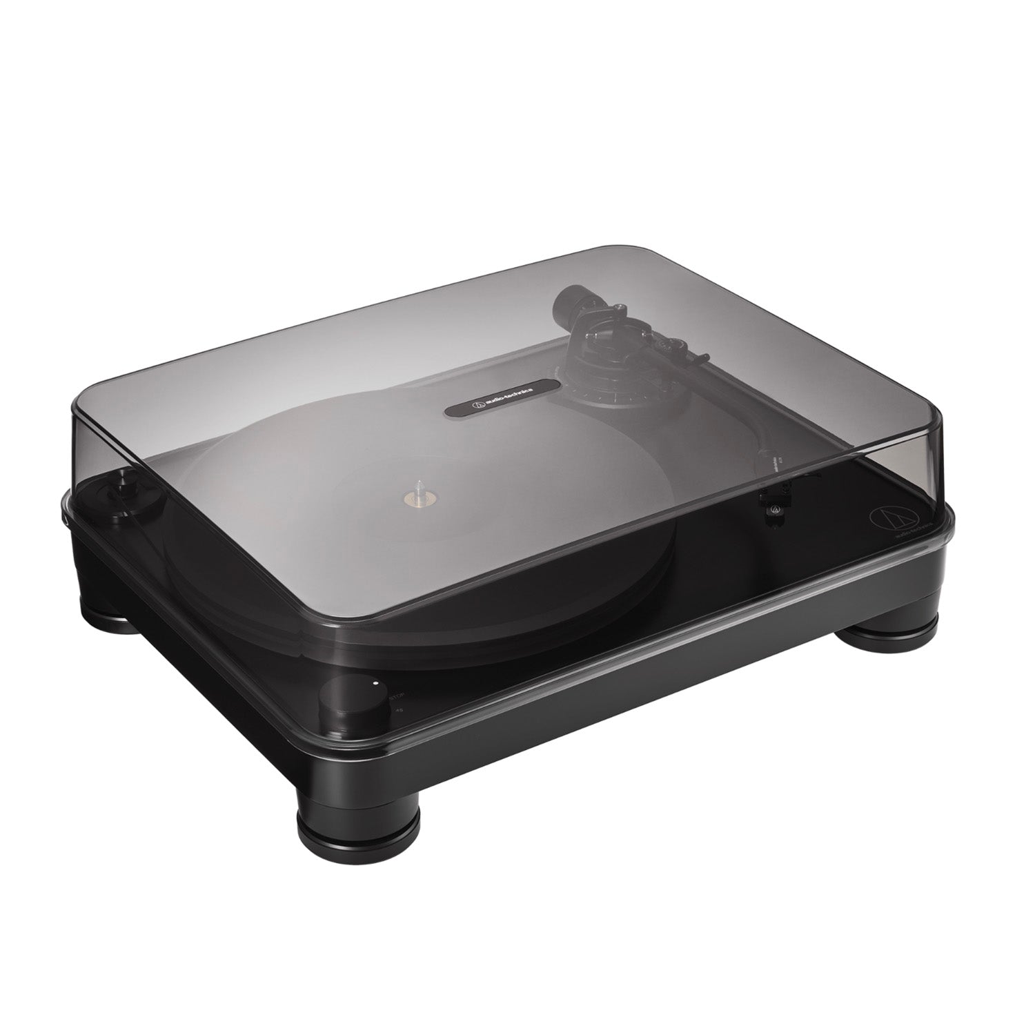 Angle view of the Audio Technica AT-LP7X Turntable with lid on - on a white background