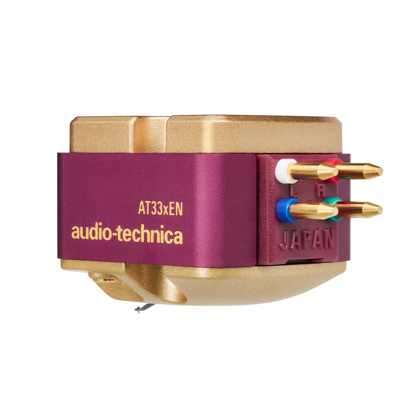 Rear view of Audio Technica AT33xEN Dual Moving Coil Stereo Cartridge on white background