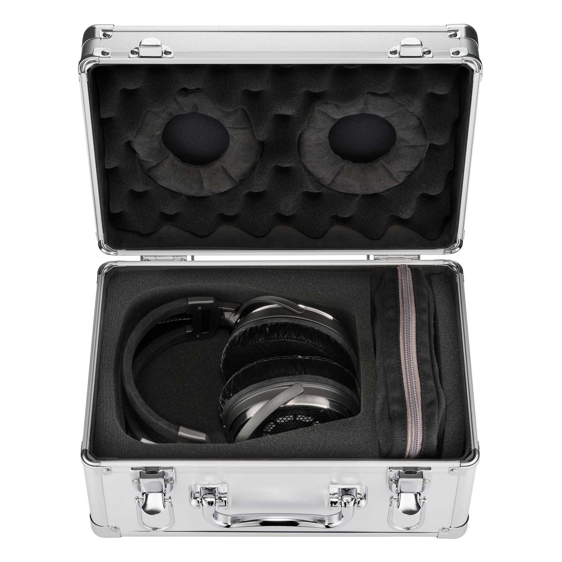 Black headphones in a silver carrying case on a white background