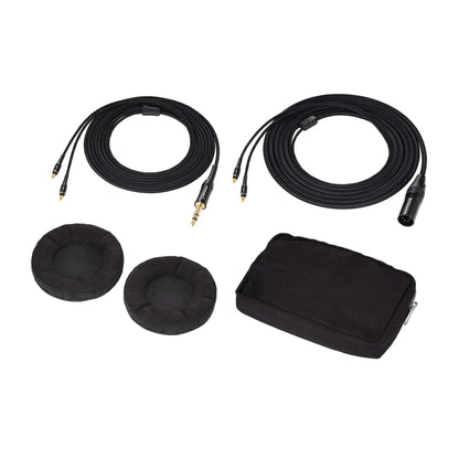 Set of black earbud covers, cables, and a carrying case on a white background