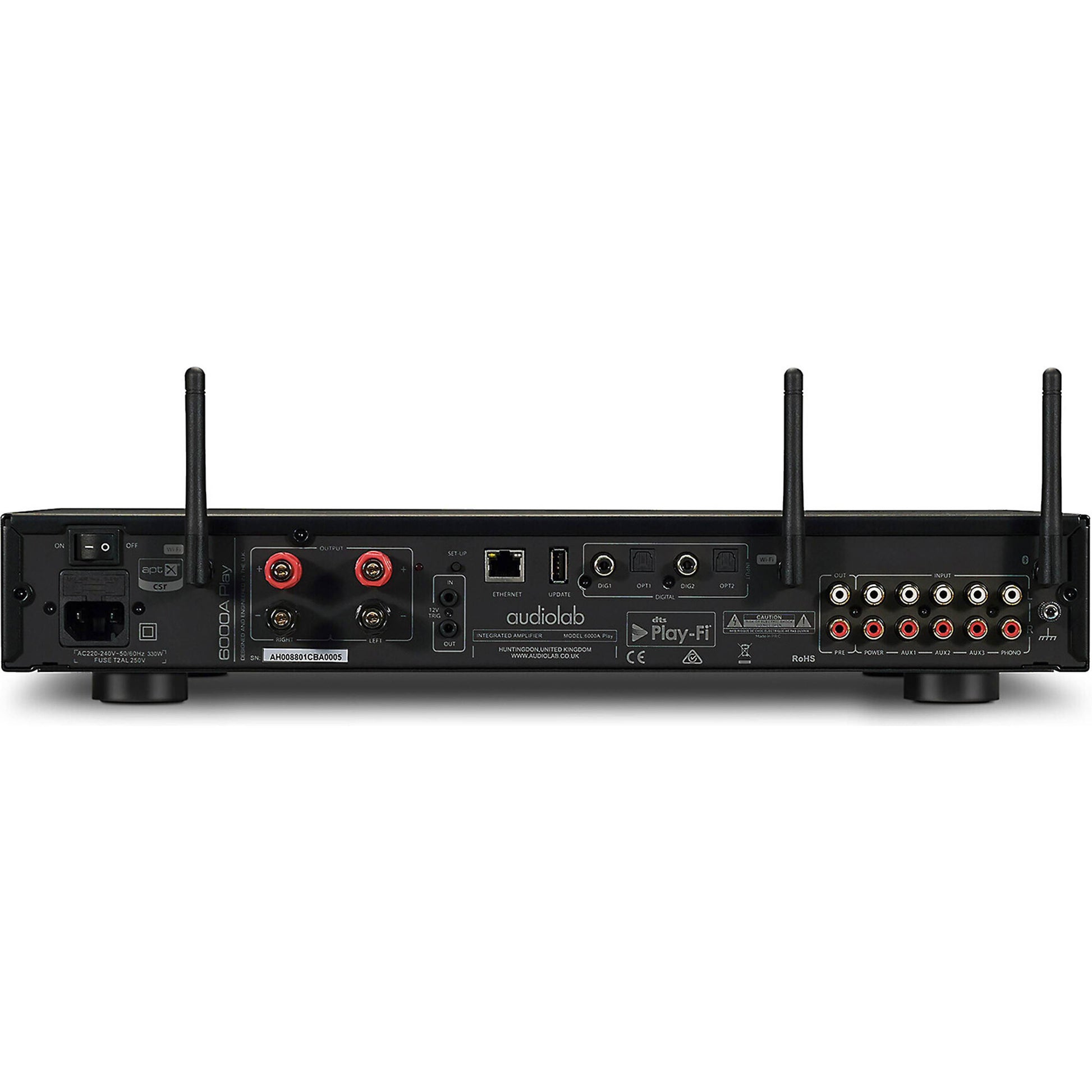 Back view of an Audiolab 6000A Play Stereo Amplifier with various connectors on a white background
