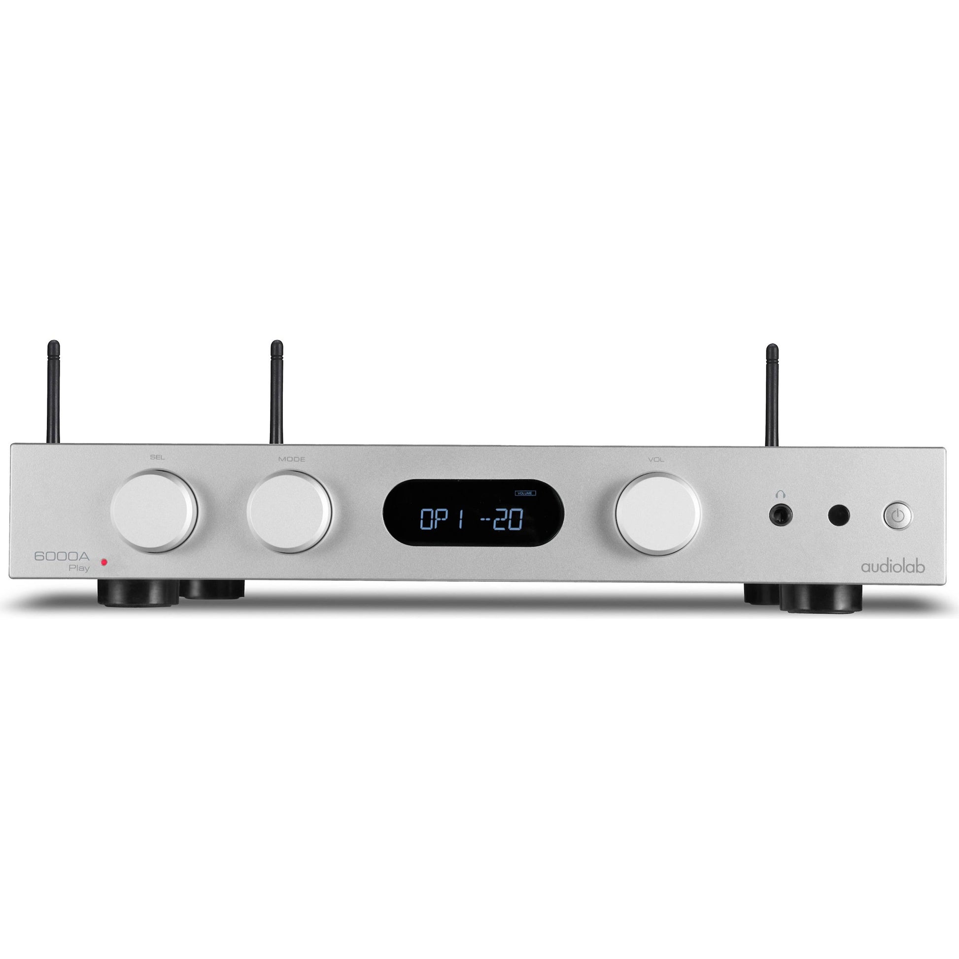 Front view of silver Audiolab 6000A Play Stereo Amplifier