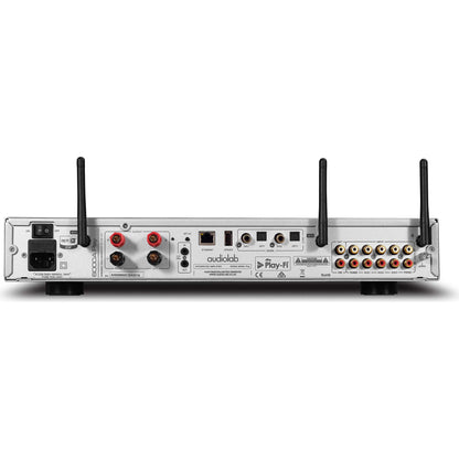 Back view of an Audiolab audio equipment unit on a white background