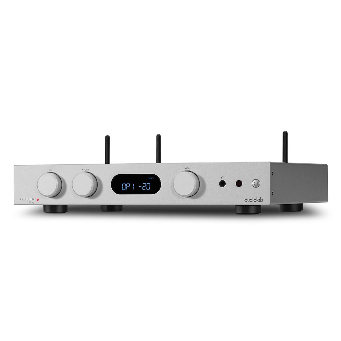 Audiolab 6000A Play Stereo Amplifier with digital display and control knobs on a white background