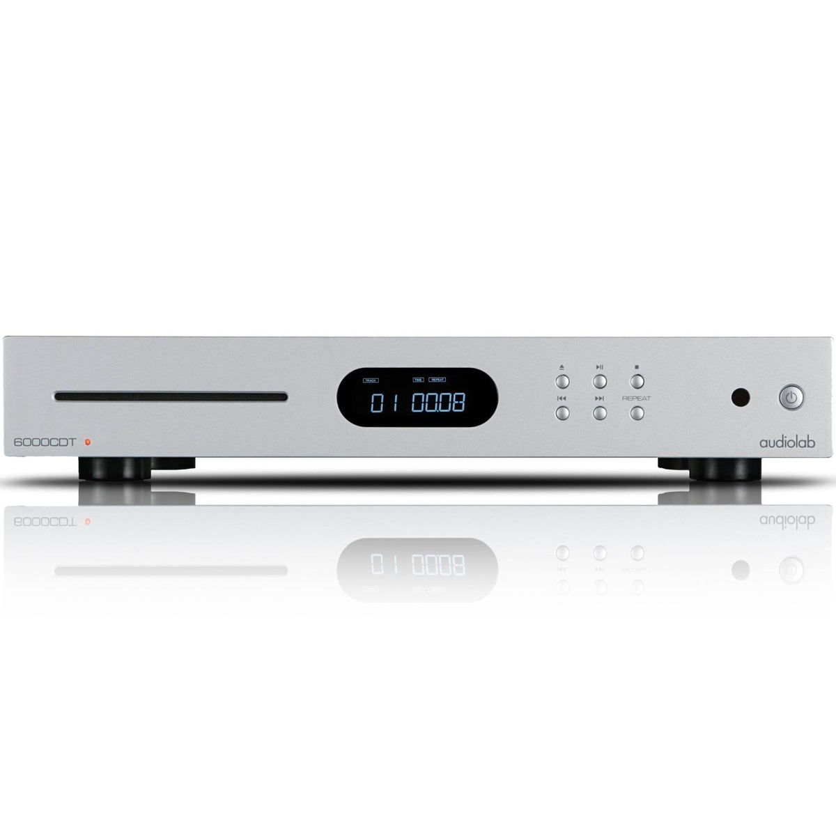 Front view of silver Audiolab 6000CDT CD Transport with a slot-loading mechanism and display indicators.