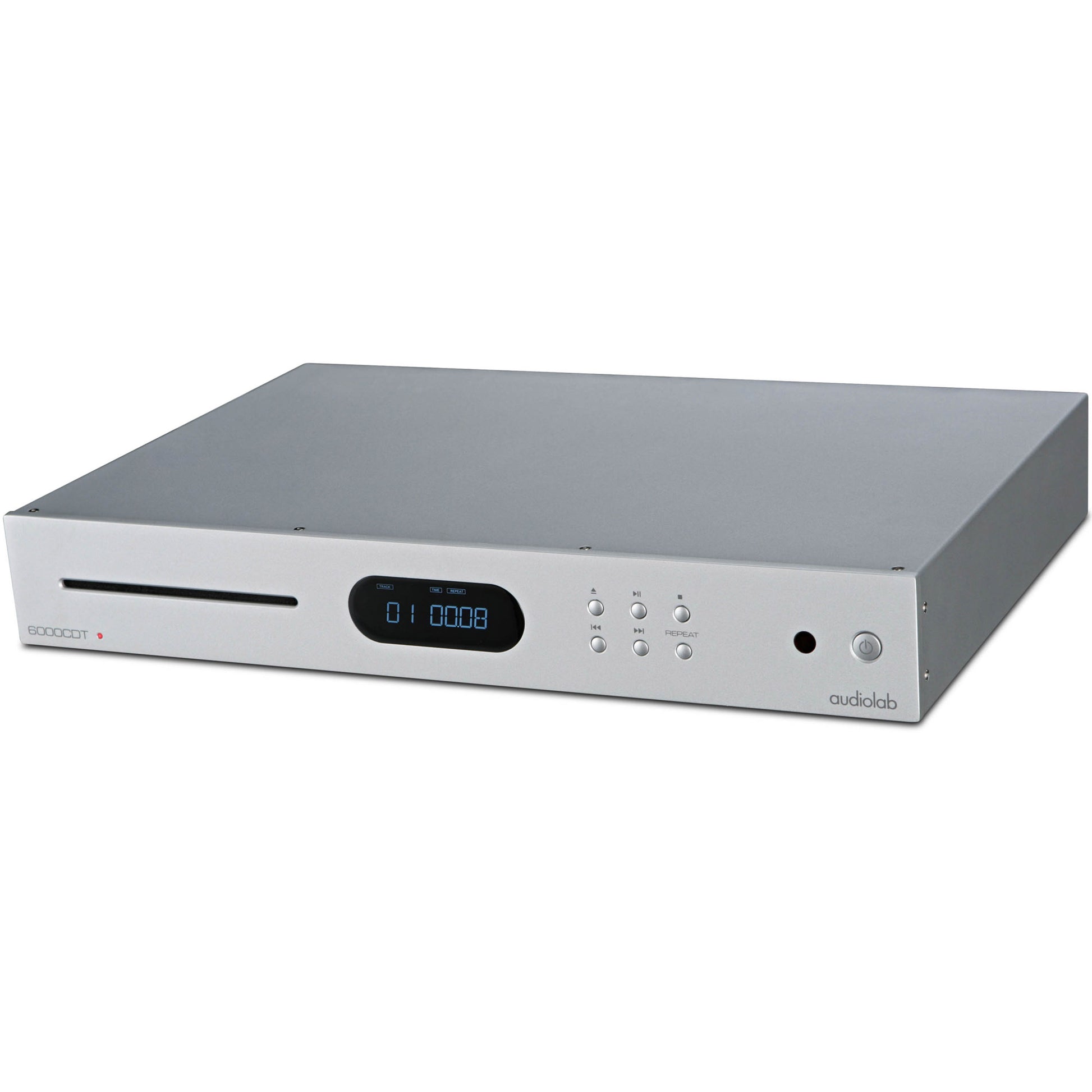 Angle view of silver Audiolab 6000CDT CD Transport