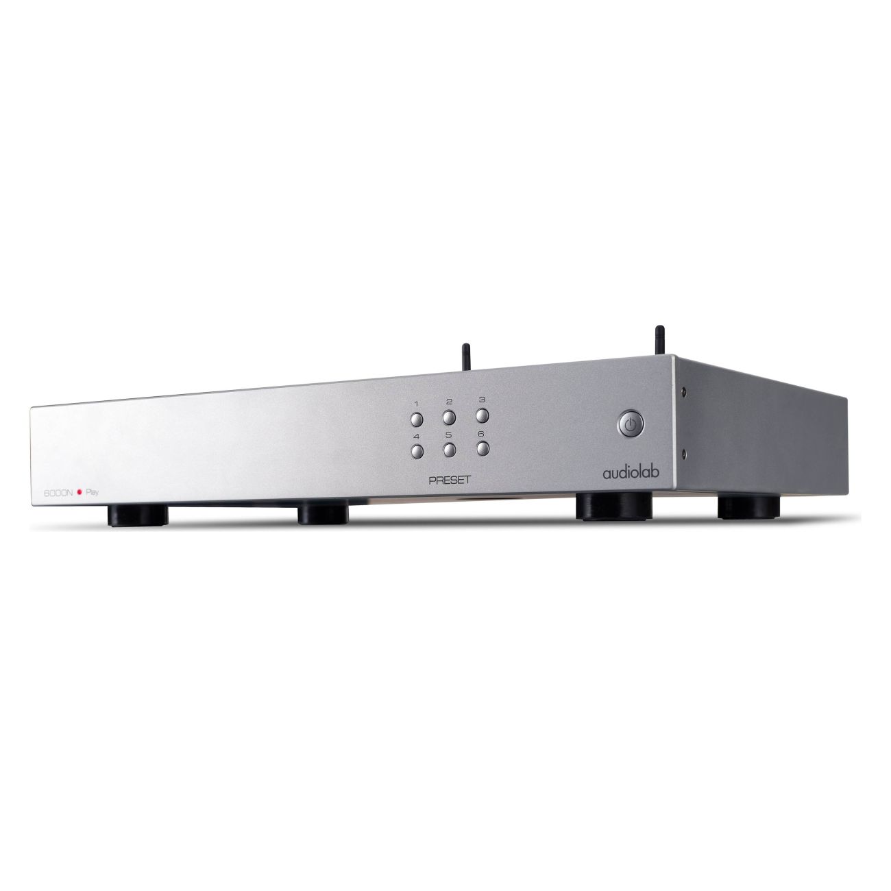 Front angle view of silver Audiolab 6000N Play Music Streamer