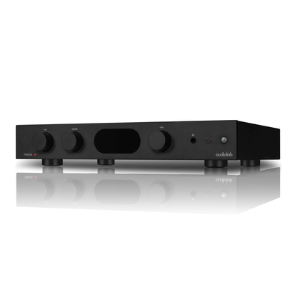 Front angle view of black Audiolab 7000A Stereo Amplifier on white background
