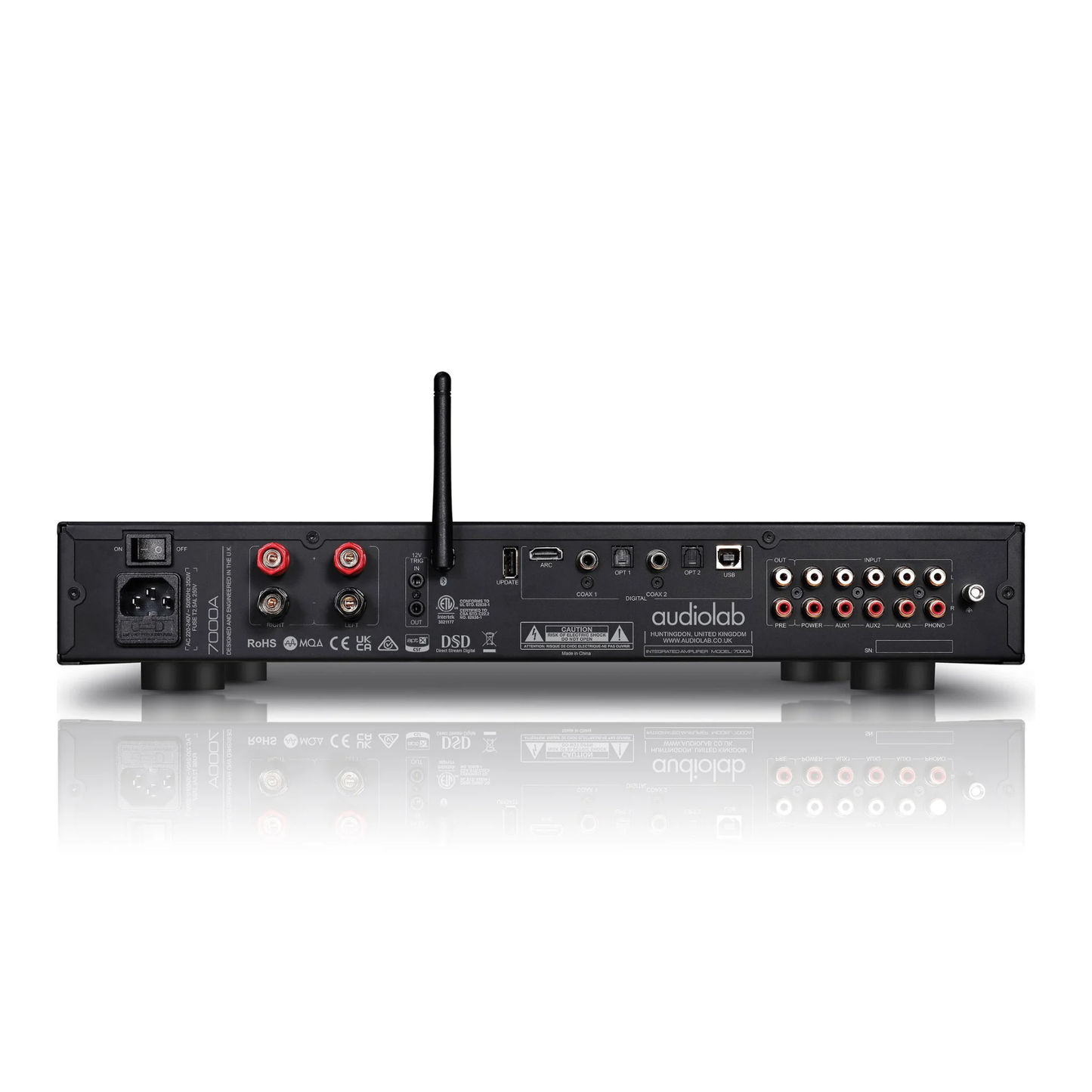 Back view of black Audiolab 7000A Stereo Amplifier