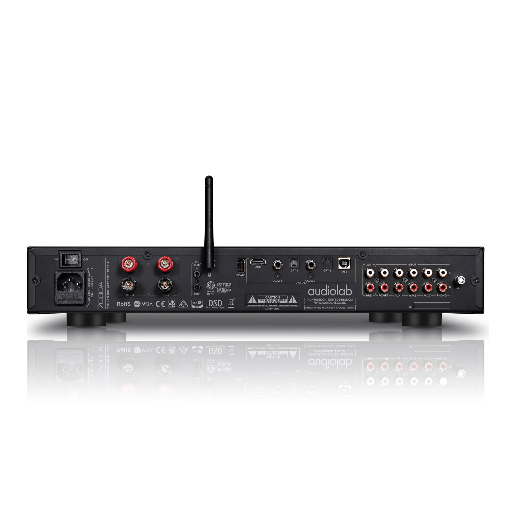 Back view of black Audiolab 7000A Stereo Amplifier