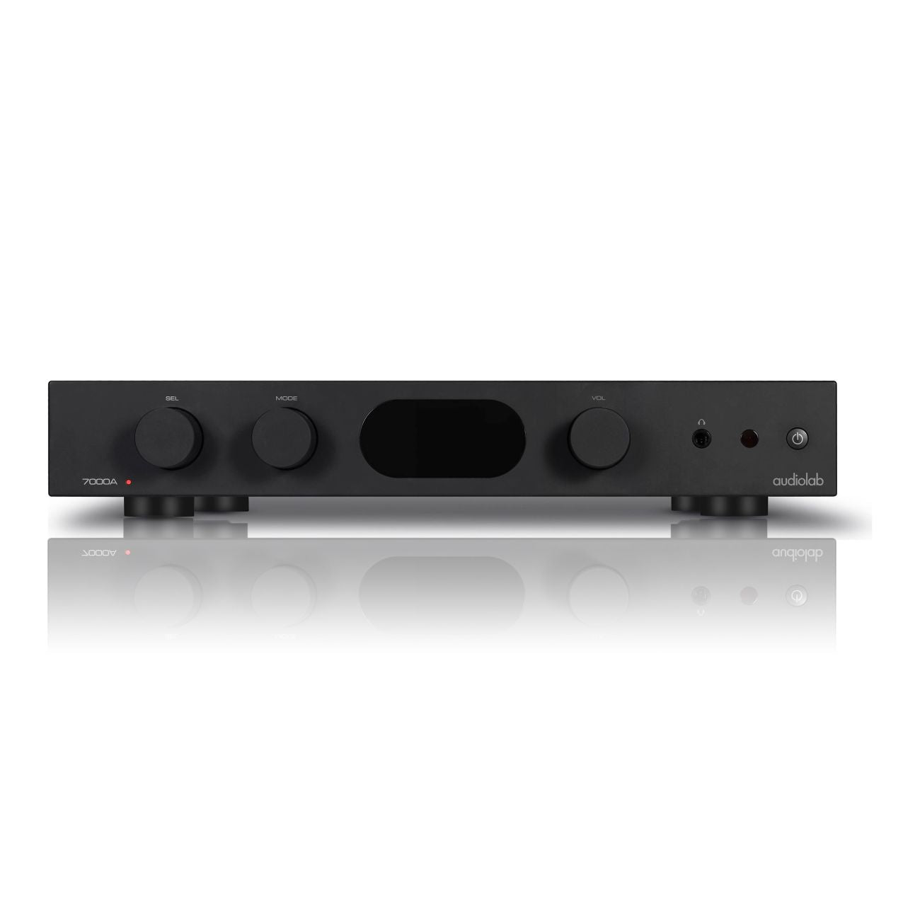 Front view of Audiolab 7000A Stereo Amplifier with a black finish, featuring volume and track control knobs, and a central display screen.