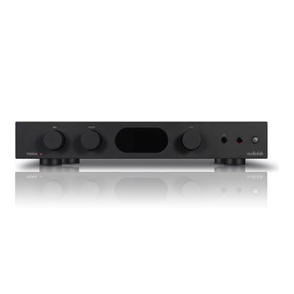 Front view of Audiolab 7000A Stereo Amplifier with a black finish, featuring volume and track control knobs, and a central display screen.
