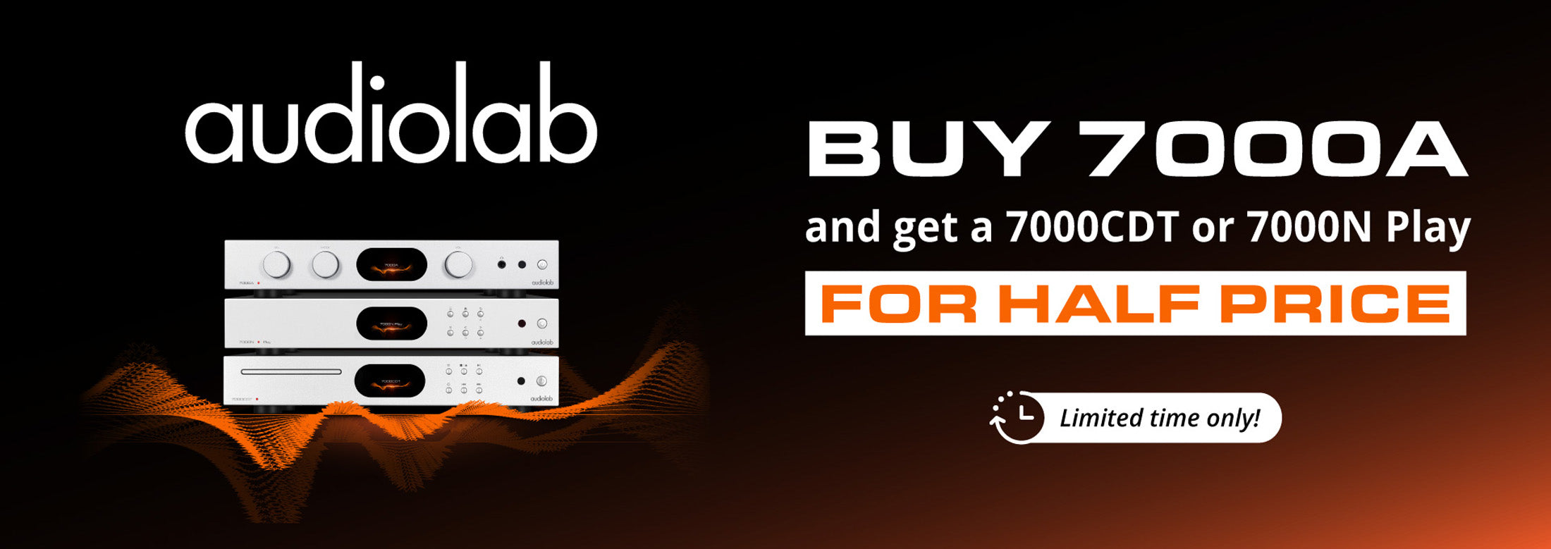 Audiolab advertisement with a 7000A product and offer details on a black background.