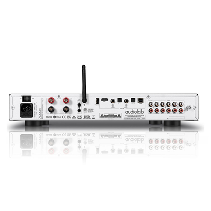 Back view of silver Audiolab 7000A Stereo Amplifier on white background