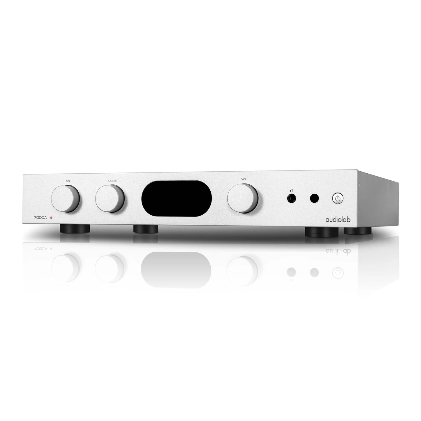 Front angle of silver Audiolab 7000A Stereo Amplifier on white background