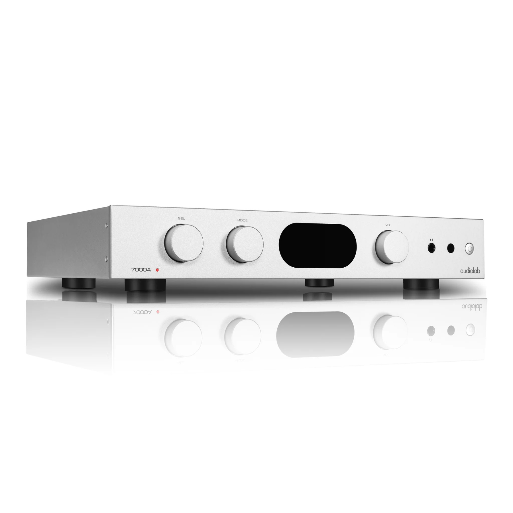 Front angle of silver Audiolab 7000A Stereo Amplifier on white background