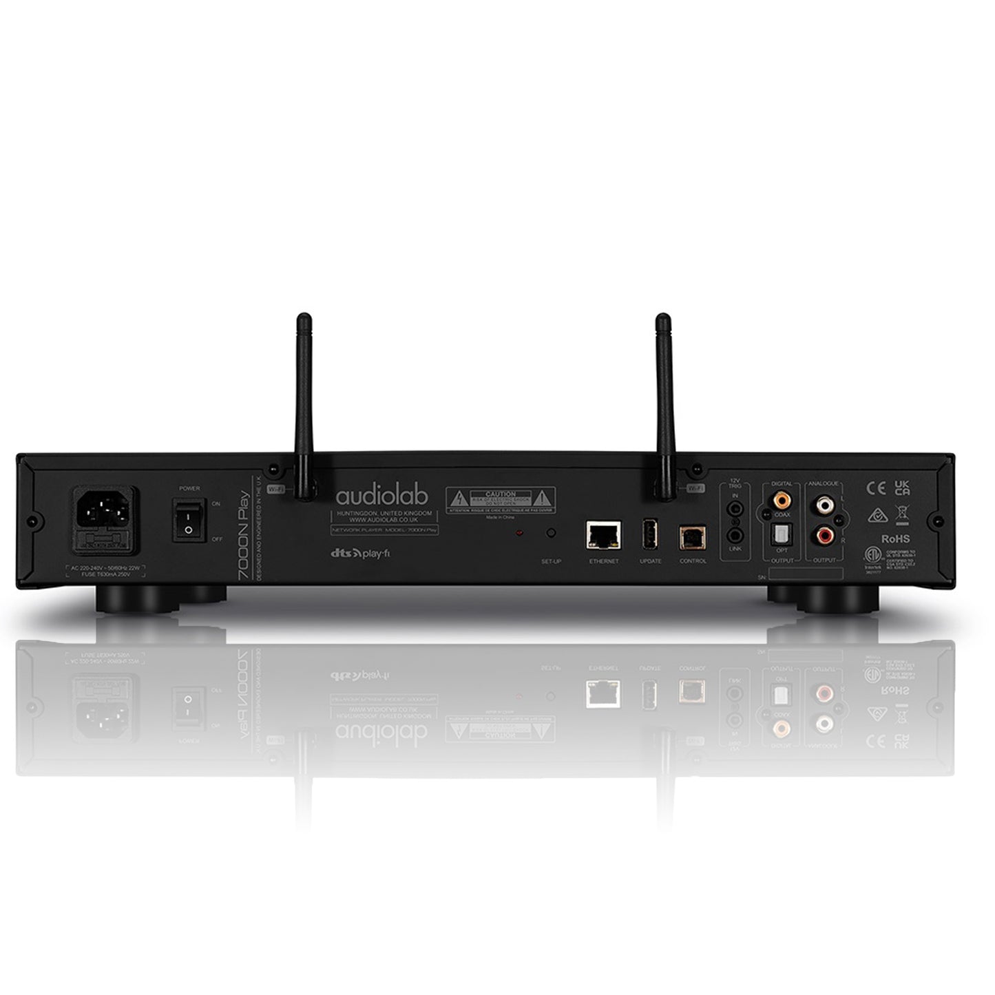 Rear view of black Audiolab 7000N Play Music Streamer on white background