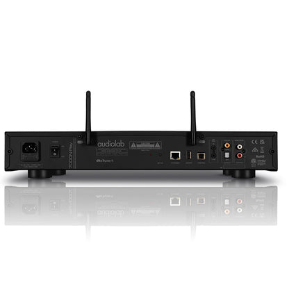 Rear view of black Audiolab 7000N Play Music Streamer on white background