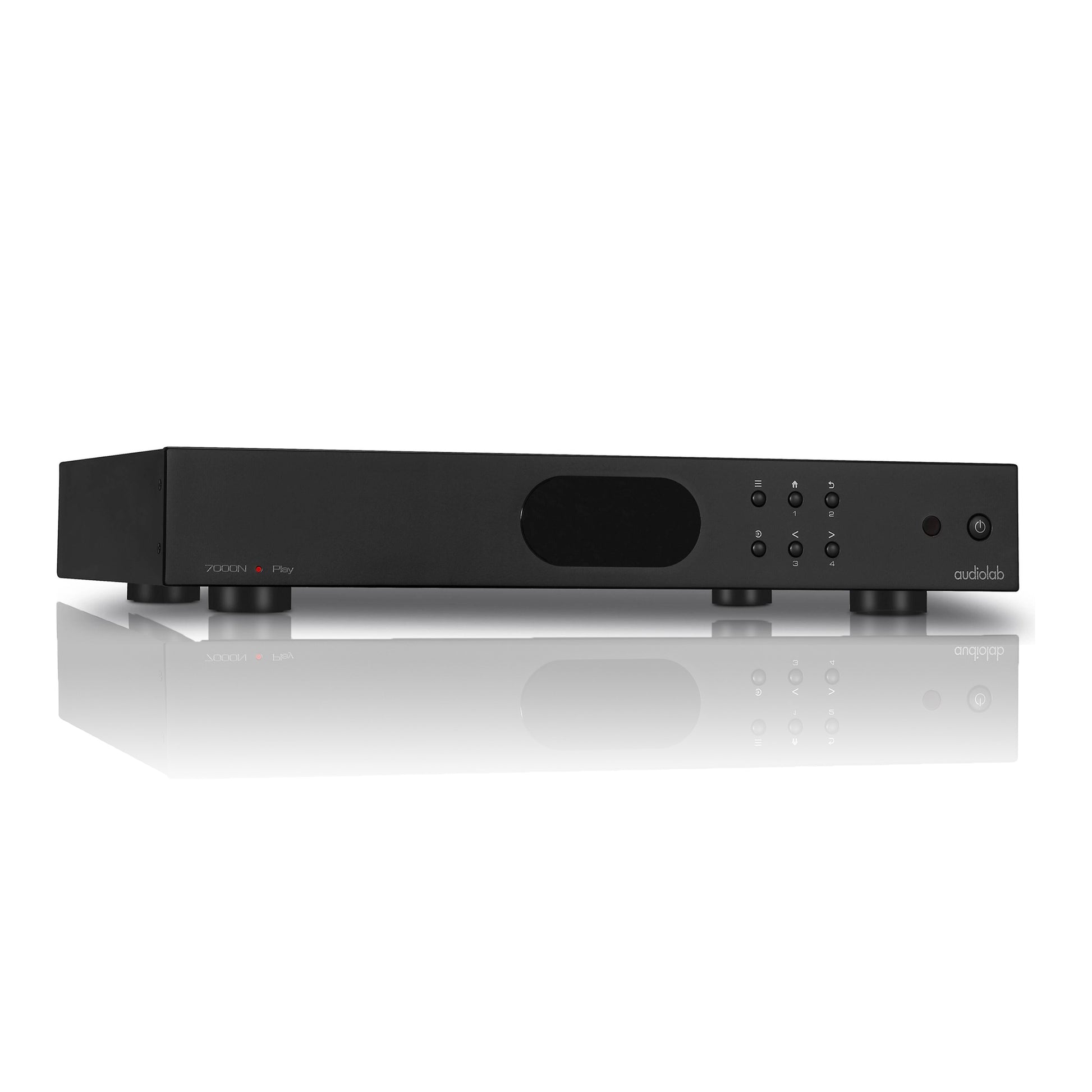 Front angle view of black Audiolab 7000N Play Music Streamer on white background