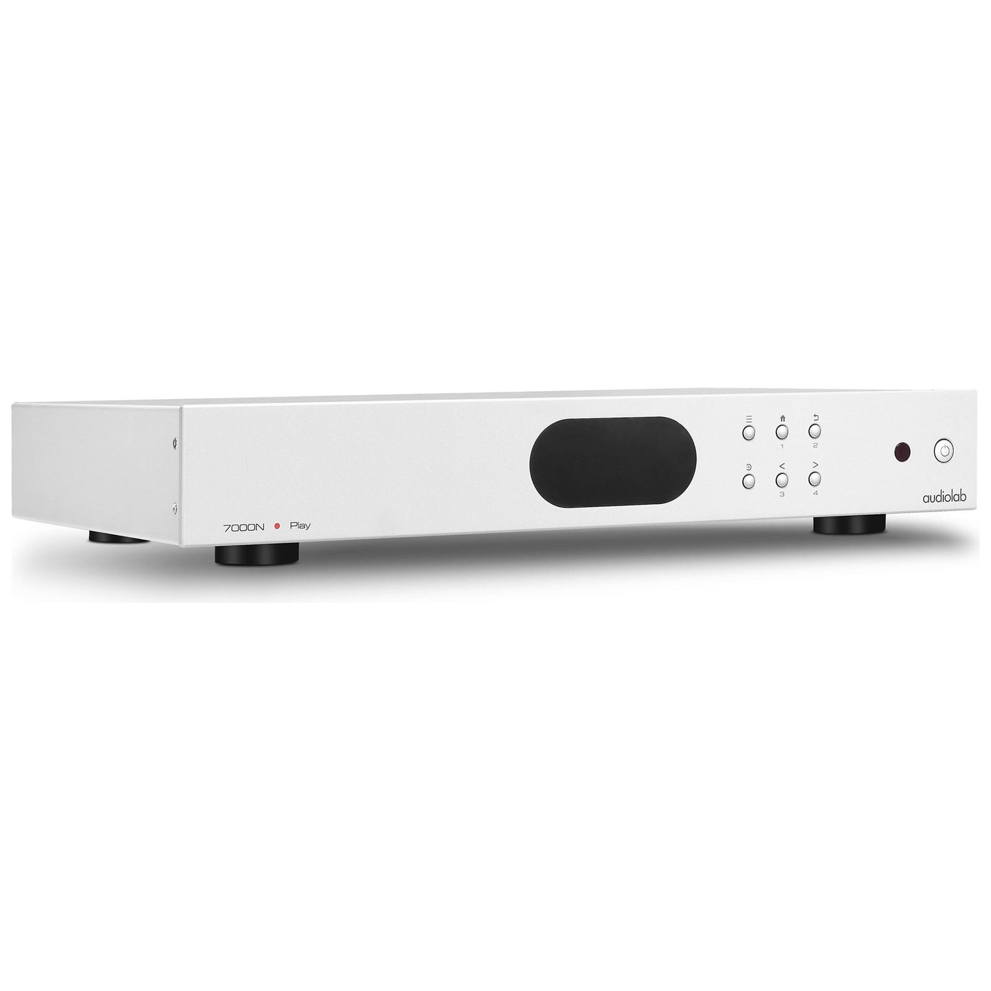 Front angle of silver Audiolab 7000N Play Music Streamer on white background