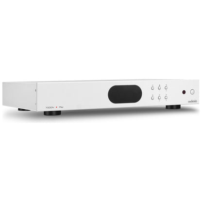 Front angle of silver Audiolab 7000N Play Music Streamer on white background