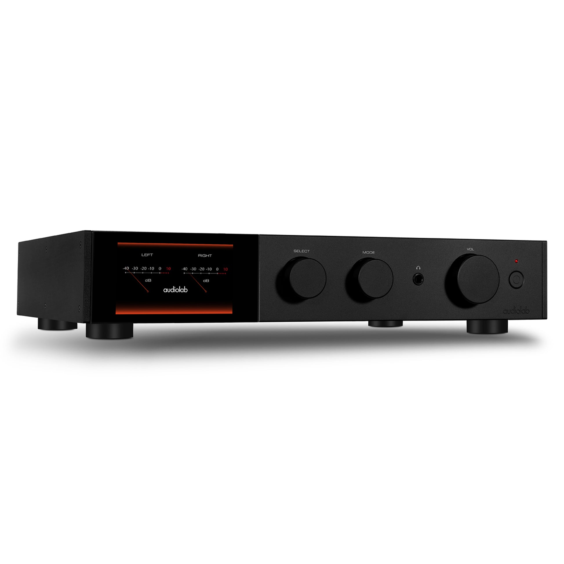 Front angle view of black Audiolab 9000A Stereo Amplifier on white background